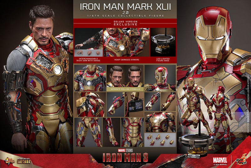 HOT TOYS Iron Man 3 Figura Movie Masterpiece Diecast 1/6 Iron Man Mark XLII (2.0) Deluxe 32 cm