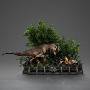 IRON STUDIOS Parque Jurásico Estatua 1/20 Demi Art Scale T-Rex attacks Donald Gennaro 30 cm