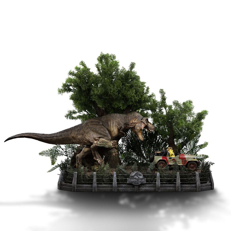 IRON STUDIOS Parque Jurásico Estatua 1/20 Demi Art Scale T-Rex attacks Donald Gennaro 30 cm